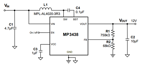 Application Circuit Diagram - Monolithic Power Systems (MPS) MP3438 Integrated Synchronous Boost Converters